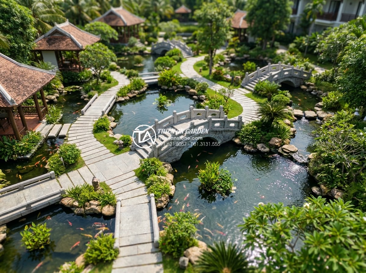 Ý nghĩa phong thủy của cầu đá: Biểu tượng kết nối tài lộc và bình an - Hình 17 Ý nghĩa phong thủy của cầu đá: Biểu tượng kết nối tài lộc và bình an - Stunning luxury resort aerial view featuring multiple elegant natural stone brid
