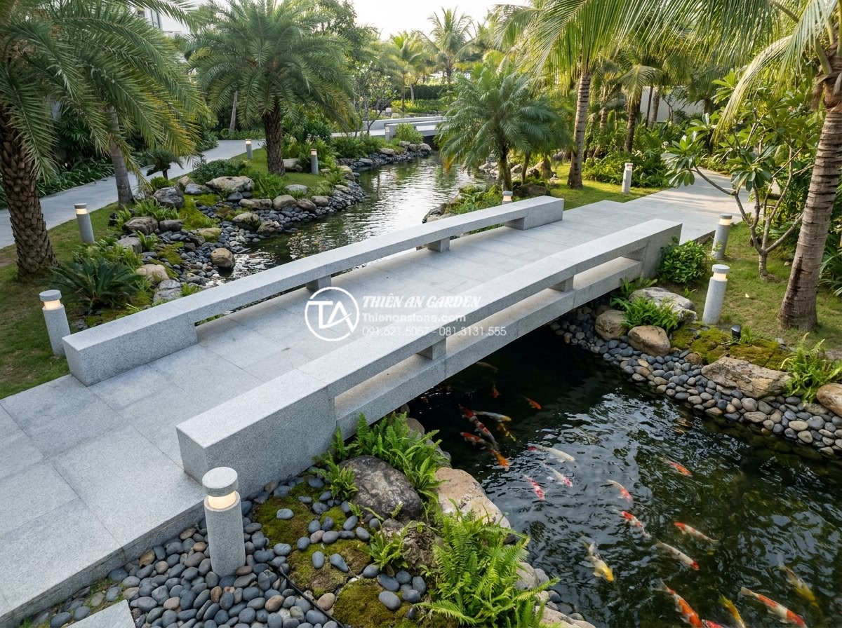 Ý nghĩa phong thủy của cầu đá: Biểu tượng kết nối tài lộc và bình an - Hình 2 Ý nghĩa phong thủy của cầu đá: Biểu tượng kết nối tài lộc và bình an - Aerial wide-angle view of a modern minimalist natural stone bridge in a contempo