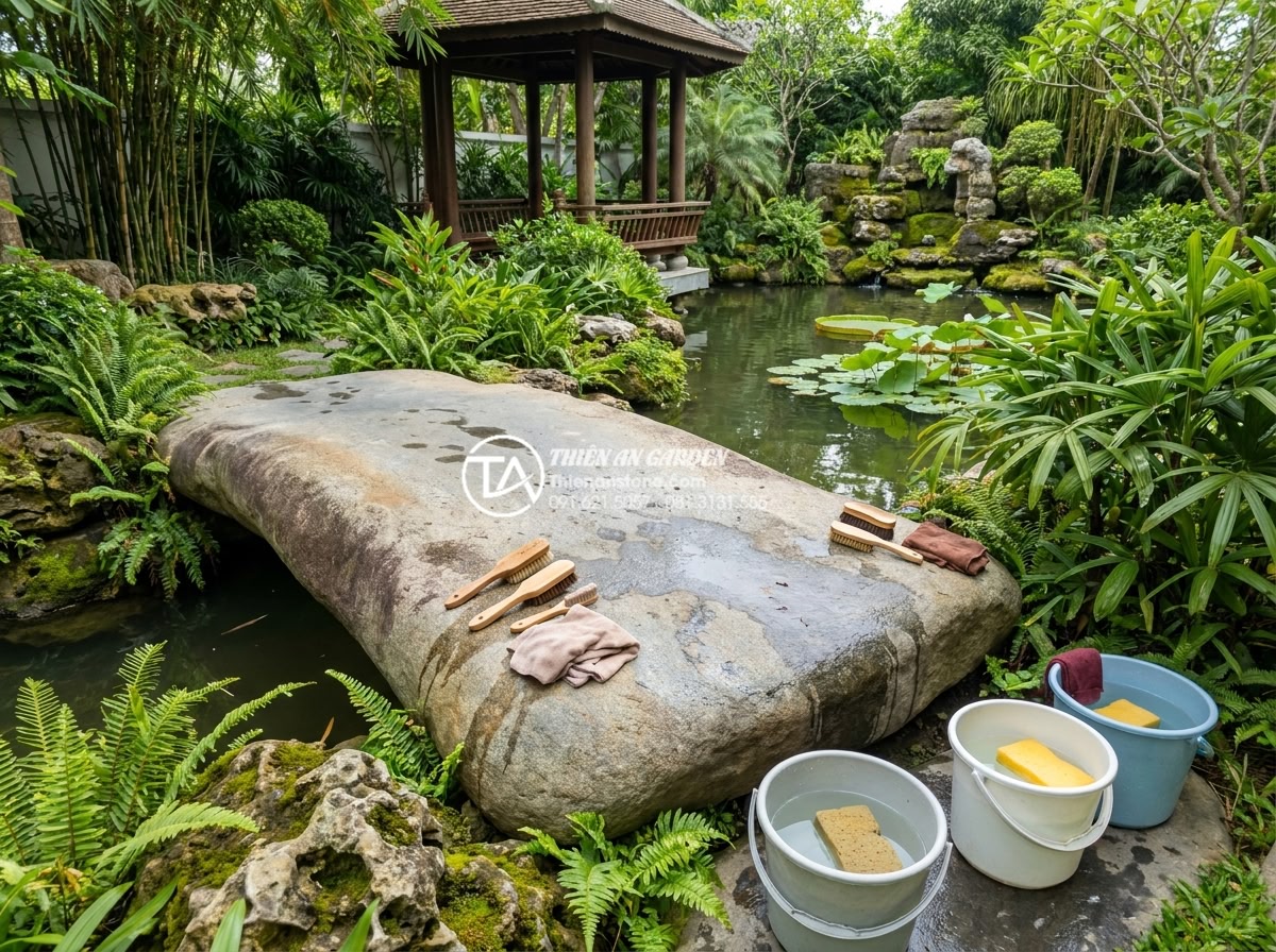 Ý nghĩa phong thủy của cầu đá: Biểu tượng kết nối tài lộc và bình an - Hình 20 Ý nghĩa phong thủy của cầu đá: Biểu tượng kết nối tài lộc và bình an - Maintenance team carefully cleaning and inspecting a natural stone bridge in a l