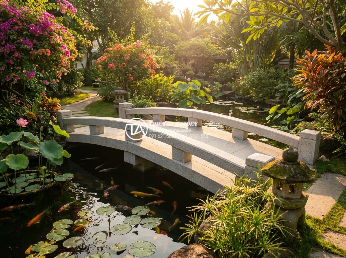 Ý nghĩa phong thủy của cầu đá: Biểu tượng kết nối tài lộc và bình an - Hình 6 Ý nghĩa phong thủy của cầu đá: Biểu tượng kết nối tài lộc và bình an - Heartwarming family scene on a beautifully crafted natural stone bridge in a pri