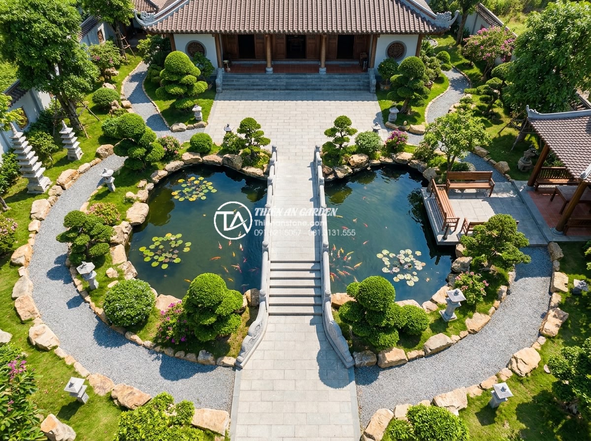Ý nghĩa phong thủy của cầu đá: Biểu tượng kết nối tài lộc và bình an - Hình 9 Ý nghĩa phong thủy của cầu đá: Biểu tượng kết nối tài lộc và bình an - Top-down drone view of an ideal Feng Shui stone bridge placement in a large Viet
