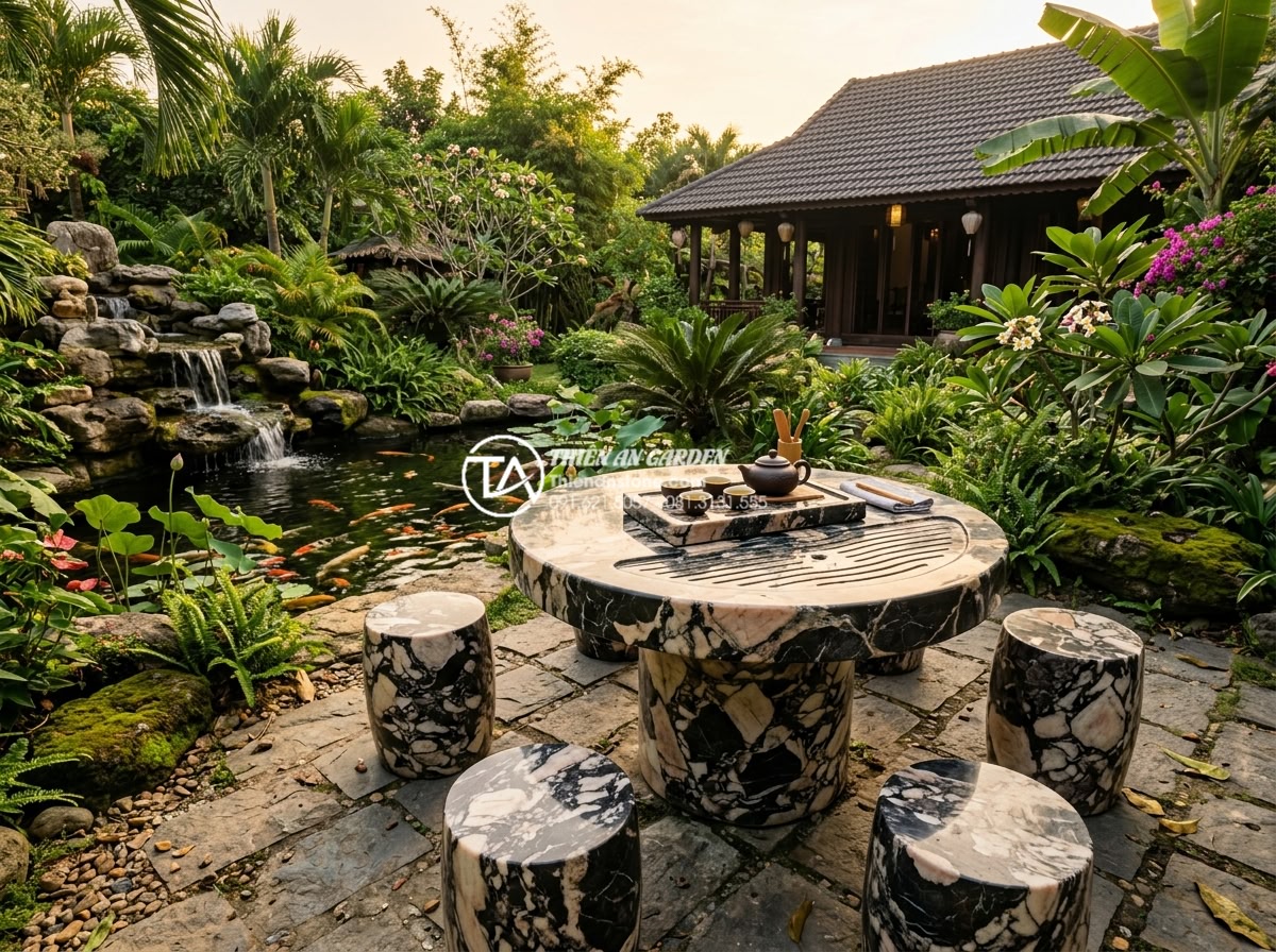 Ý tưởng kết hợp bàn trà đá với đôn đá và tiểu cảnh sân vườn - Photorealistic wide-angle view of a large round natural granite tea table with f