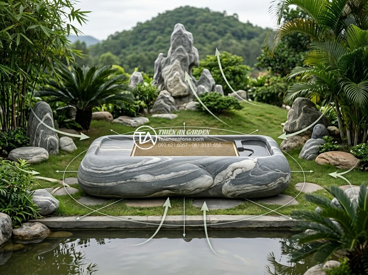 Ý tưởng kết hợp bàn trà đá với đôn đá và tiểu cảnh sân vườn - Photorealistic feng shui diagram style illustration overlaid on a beautiful gard