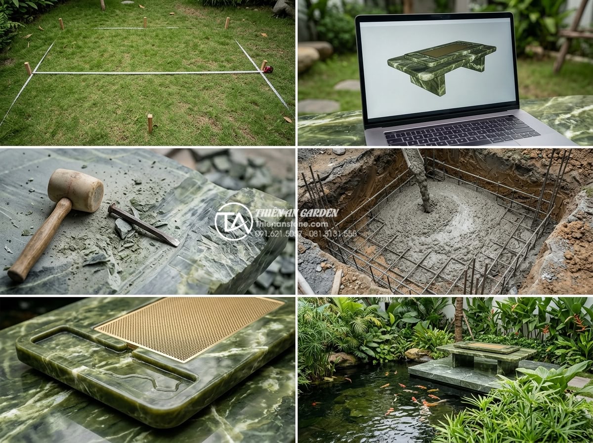 Ý tưởng kết hợp bàn trà đá với đôn đá và tiểu cảnh sân vườn - Step-by-step photorealistic construction sequence collage of a stone tea table g