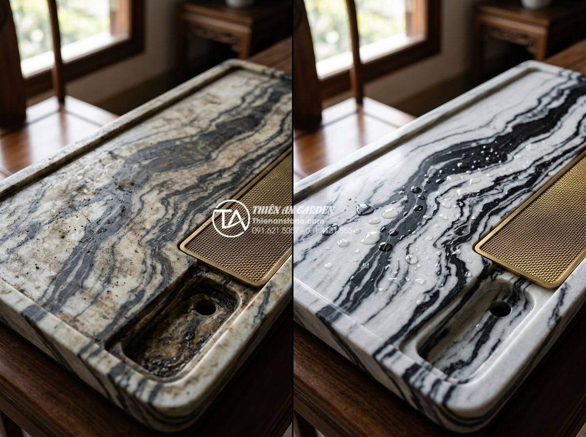 Ý tưởng kết hợp bàn trà đá với đôn đá và tiểu cảnh sân vườn - Photorealistic before-and-after comparison of a natural stone tea table: left si