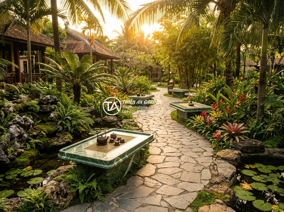 Ý tưởng kết hợp bàn trà đá với đôn đá và tiểu cảnh sân vườn - Wide photorealistic shot of a spacious resort garden with multiple natural stone