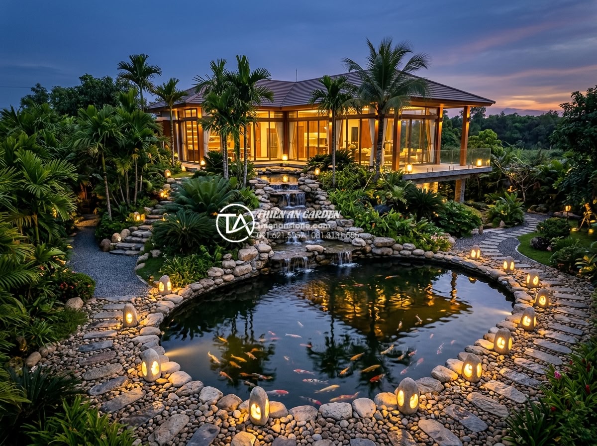 Ý tưởng kết hợp đèn đá và thác nước sân vườn cho biệt thự đẳng cấp - Hình 1 Ý tưởng kết hợp đèn đá và thác nước sân vườn cho biệt thự đẳng cấp - Photorealistic aerial view of a luxurious modern villa garden at dusk featuring