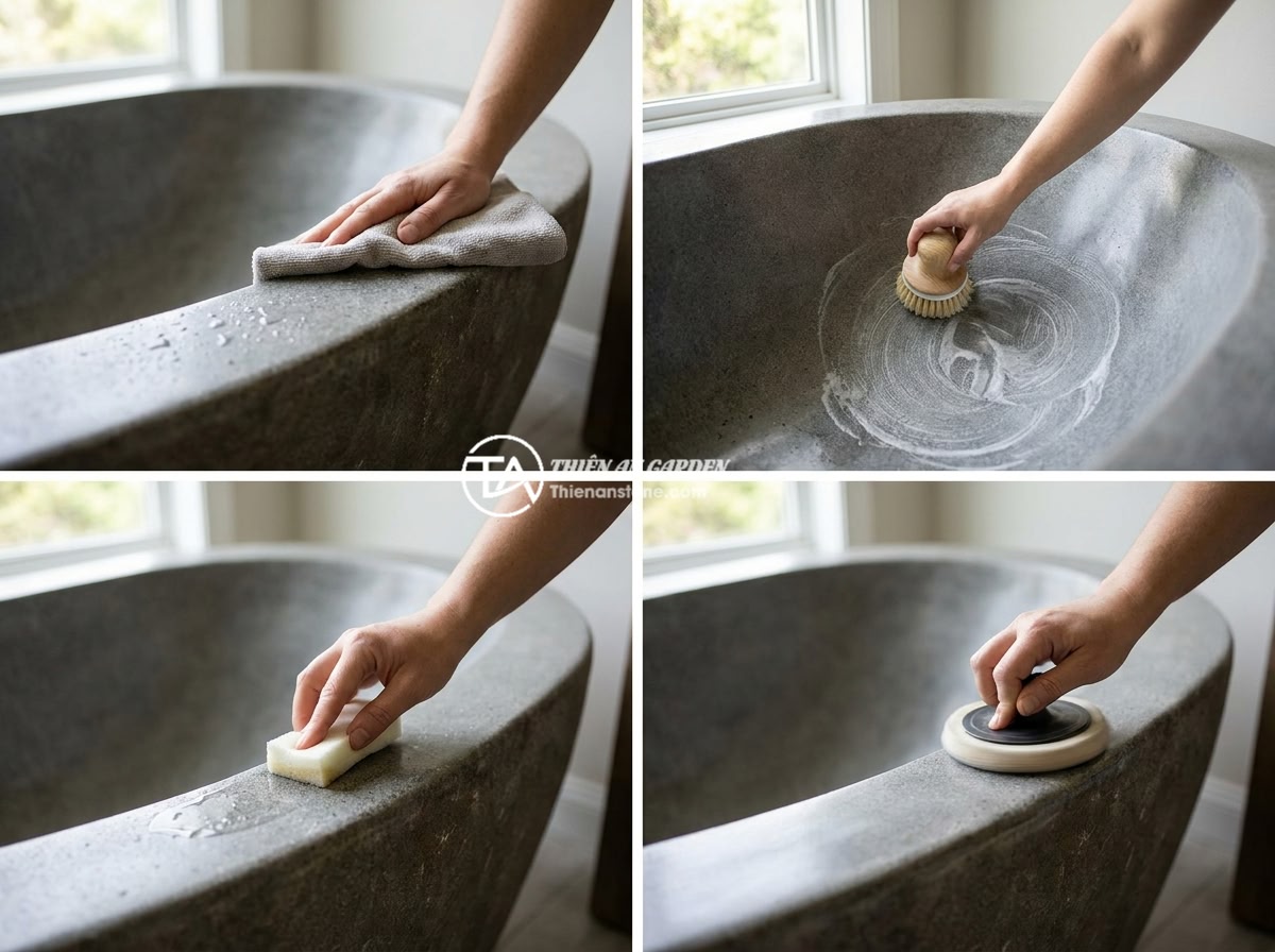 10 Mẫu Bồn Tắm Đá Nguyên Khối Đẹp Nhất Cho Nhà Phố Hiện Đại - A step-by-step guide showing proper cleaning and maintenance of a natural stone 