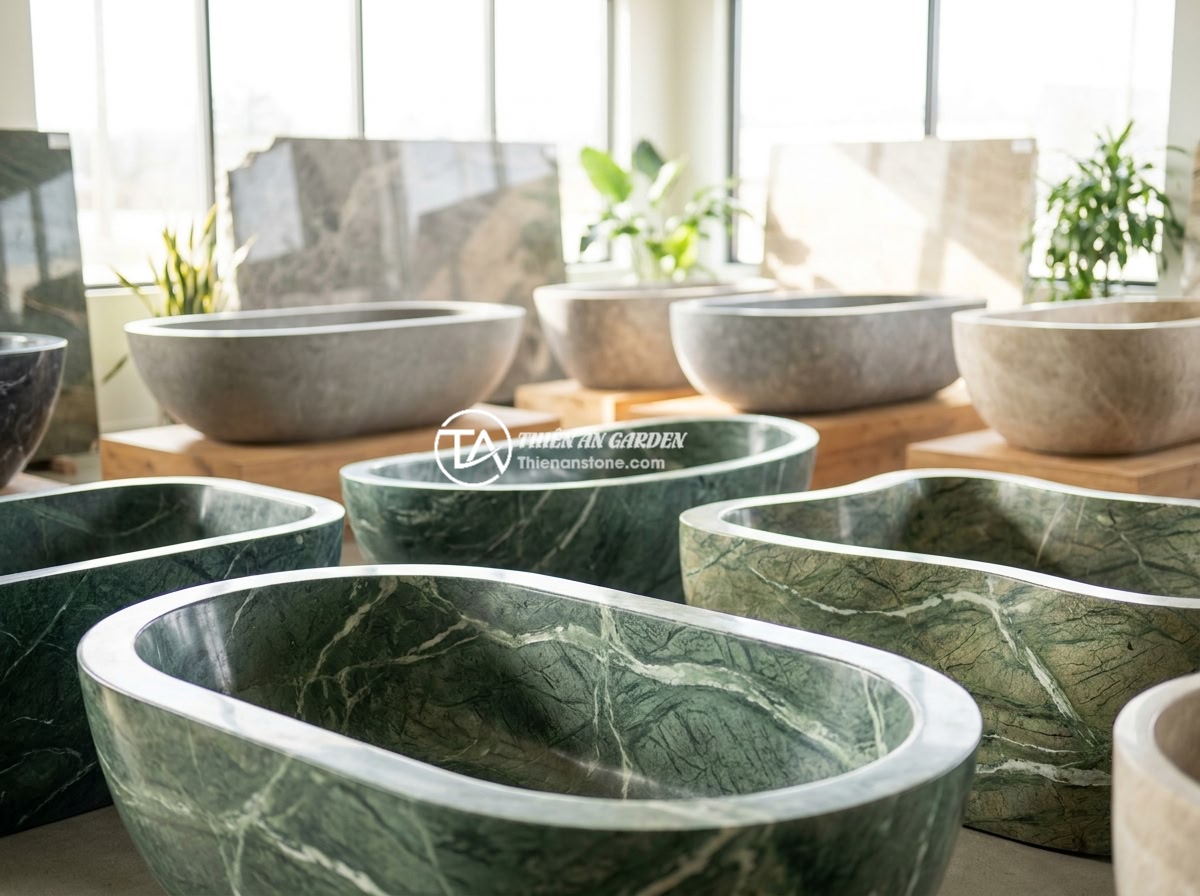 10 Mẫu Bồn Tắm Đá Nguyên Khối Đẹp Nhất Cho Nhà Phố Hiện Đại - A showroom display of various monolithic natural stone bathtubs from Thien An St