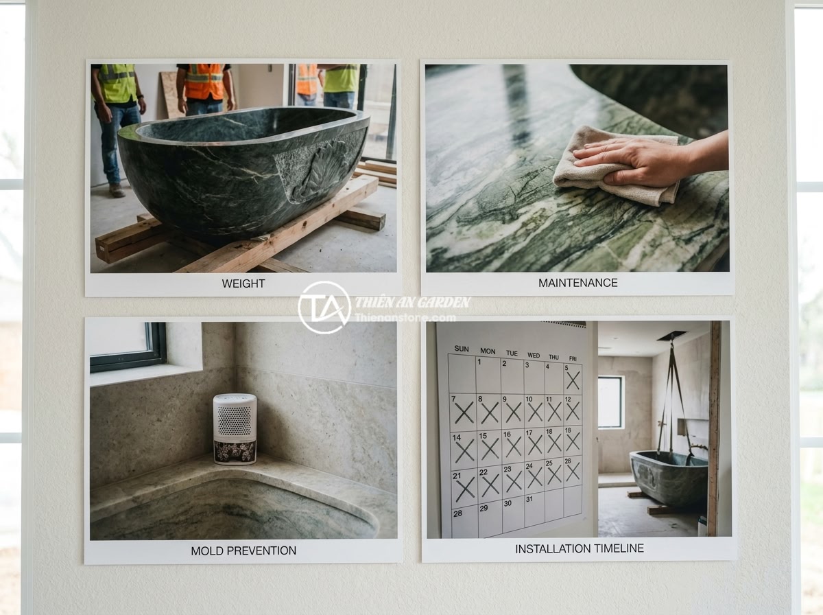 10 Mẫu Bồn Tắm Đá Nguyên Khối Đẹp Nhất Cho Nhà Phố Hiện Đại - A FAQ-style collage showing common concerns about monolithic stone bathtubs incl