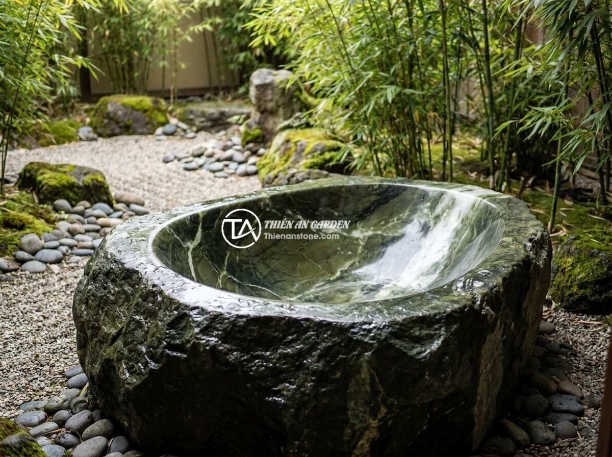 10 Mẫu Bồn Tắm Đá Nguyên Khối Đẹp Nhất Cho Nhà Phố Hiện Đại - A Japanese-style natural river boulder stone bathtub with rough exterior and smo