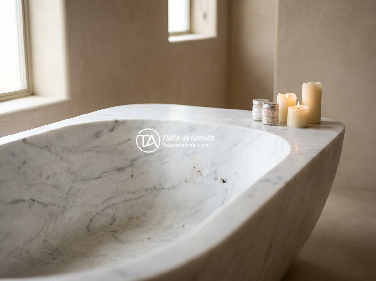 10 Mẫu Bồn Tắm Đá Nguyên Khối Đẹp Nhất Cho Nhà Phố Hiện Đại - A modern monolithic stone bathtub with integrated shelf design, carved from a si