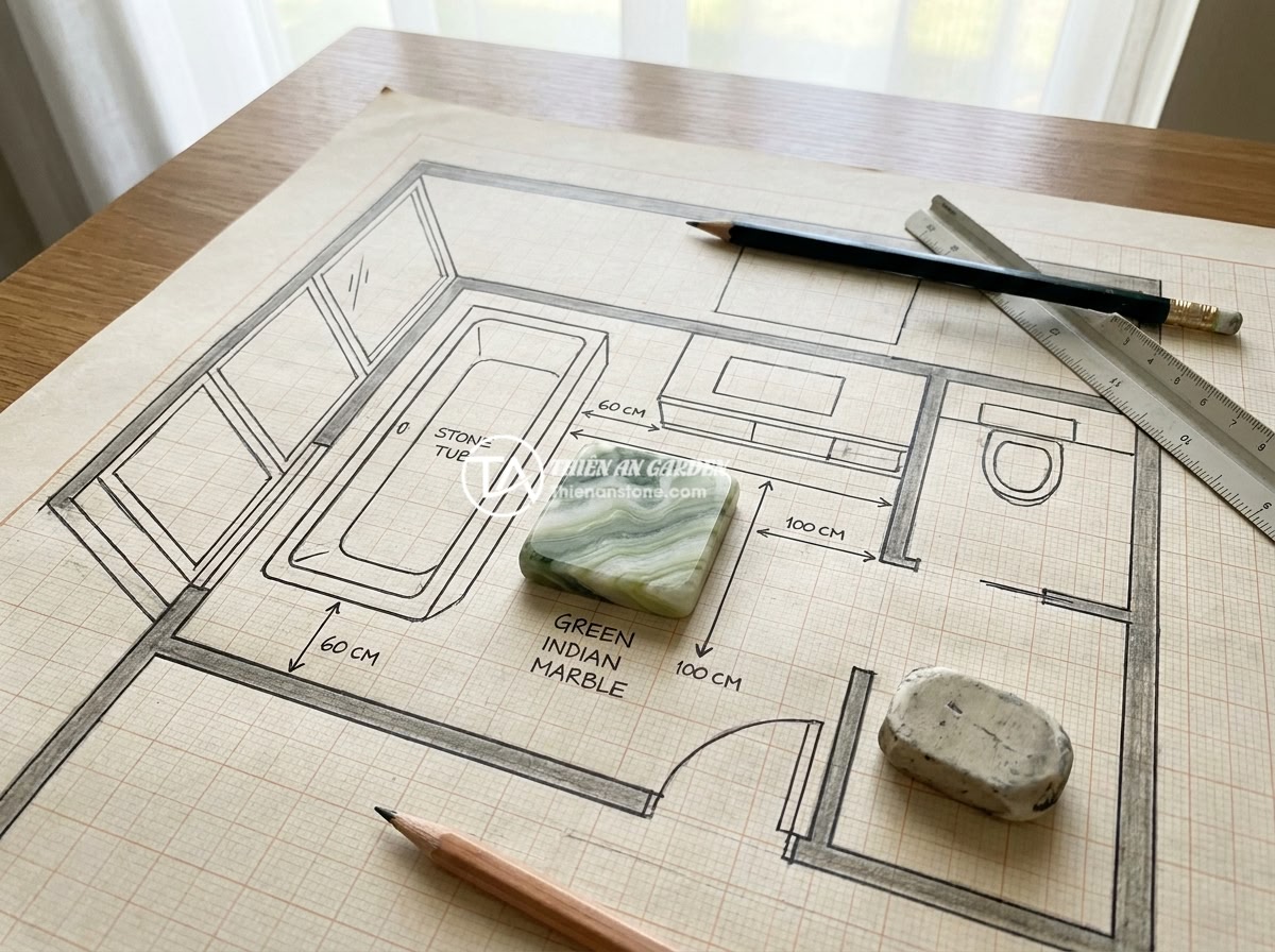 10 Mẫu Bồn Tắm Đá Nguyên Khối Đẹp Nhất Cho Nhà Phố Hiện Đại - A floor plan diagram showing optimal placement of a natural stone bathtub in a m