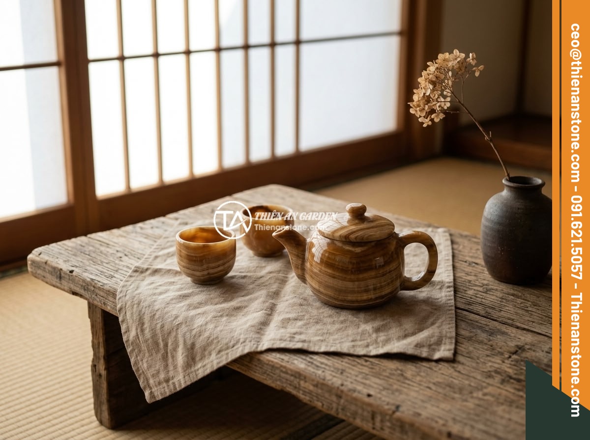 10 ý tưởng decor bàn trà đẹp mắt với bộ ấm chén đá phong thủy - A minimalist Japanese Wabi-Sabi style tea table setup with natural stone teapot 