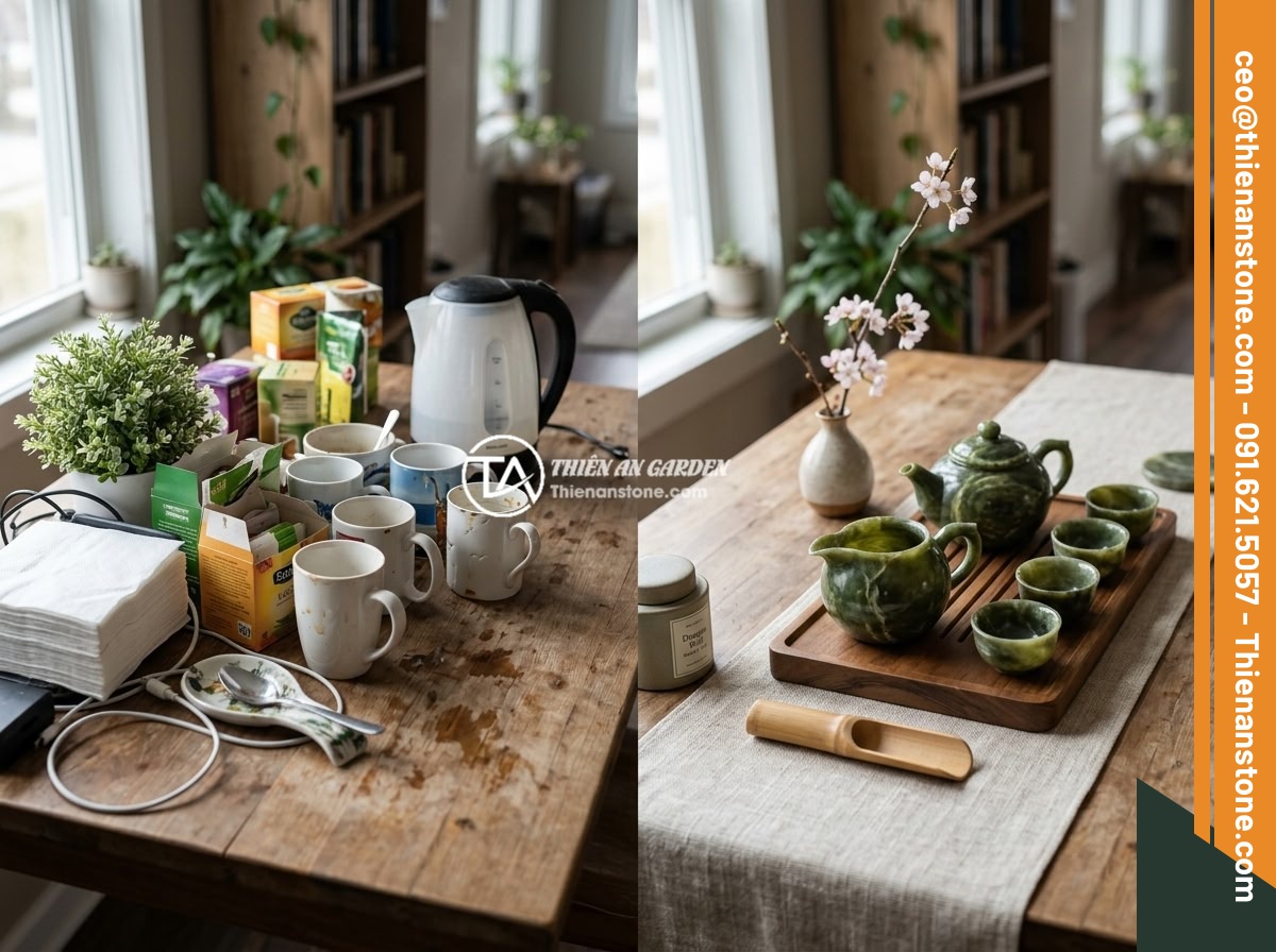 10 ý tưởng decor bàn trà đẹp mắt với bộ ấm chén đá phong thủy - A comparison image showing a cluttered poorly decorated tea table on the left ve