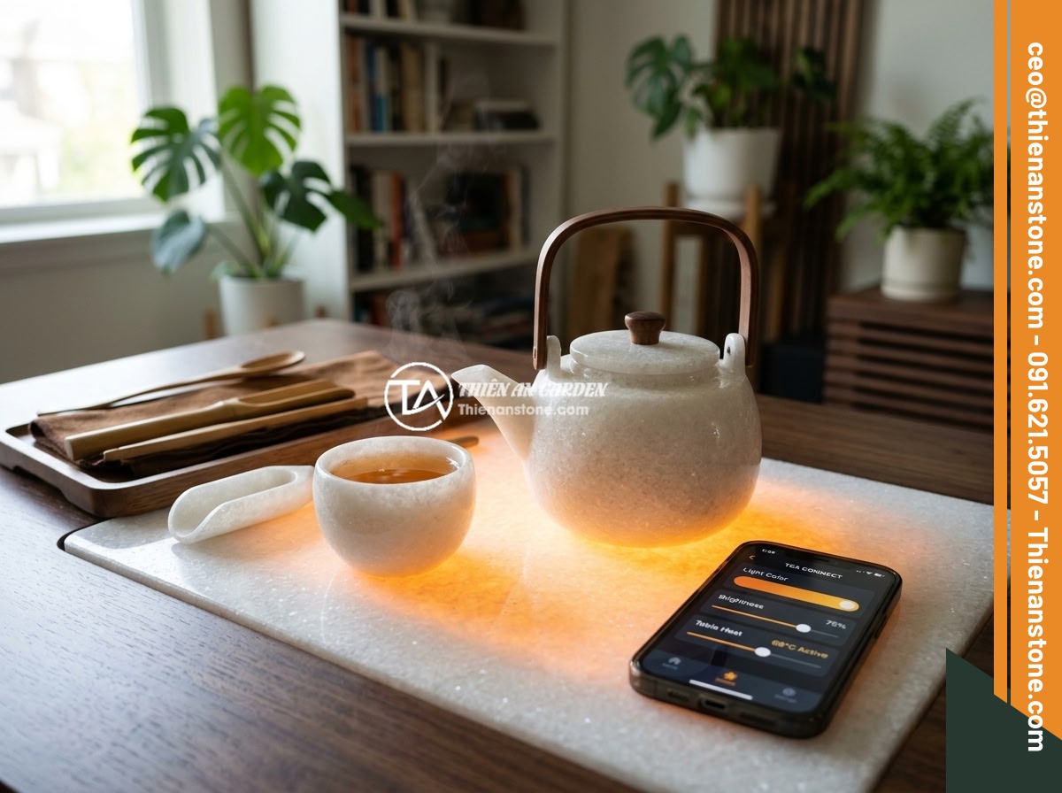 10 ý tưởng decor bàn trà đẹp mắt với bộ ấm chén đá phong thủy - A futuristic tea table with integrated smart LED lighting illuminating a natural