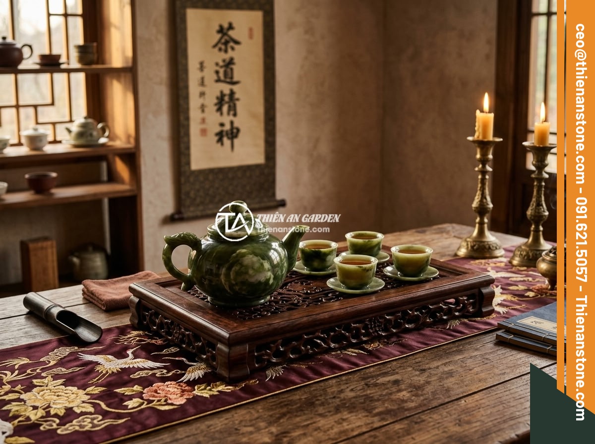 10 ý tưởng decor bàn trà đẹp mắt với bộ ấm chén đá phong thủy - An elegant Oriental classic tea table decorated with jade stone teapot and cups 