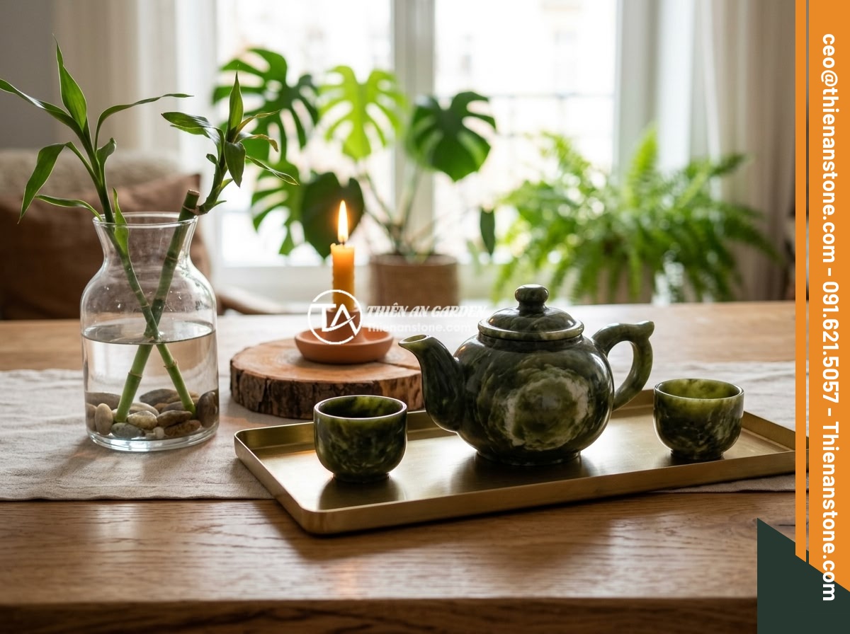 10 ý tưởng decor bàn trà đẹp mắt với bộ ấm chén đá phong thủy - A feng shui Five Elements tea table arrangement showing stone teapot set represe
