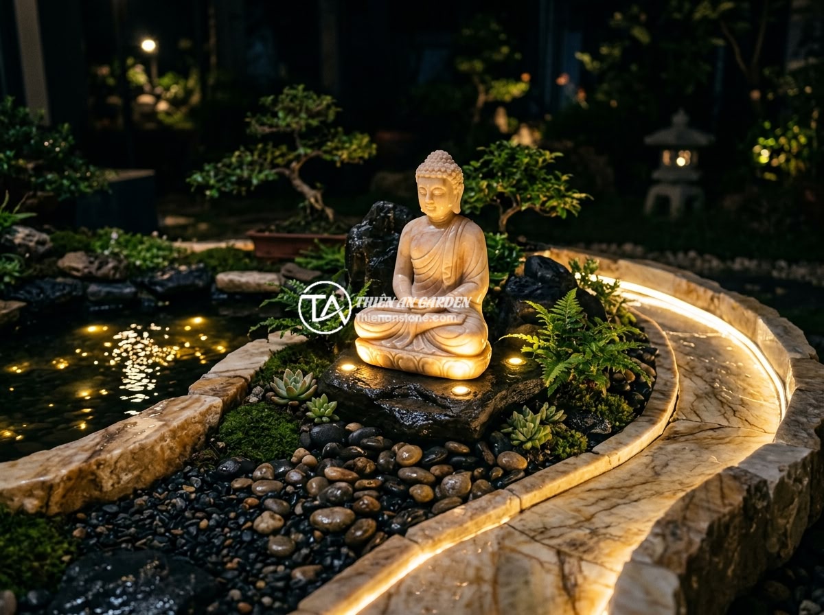 10 Ý Tưởng Thiết Kế Tiểu Cảnh Tượng Phật Đẹp Cho Sân Vườn Nhỏ - A nighttime view of a Buddha statue miniature garden illuminated by warm golden 