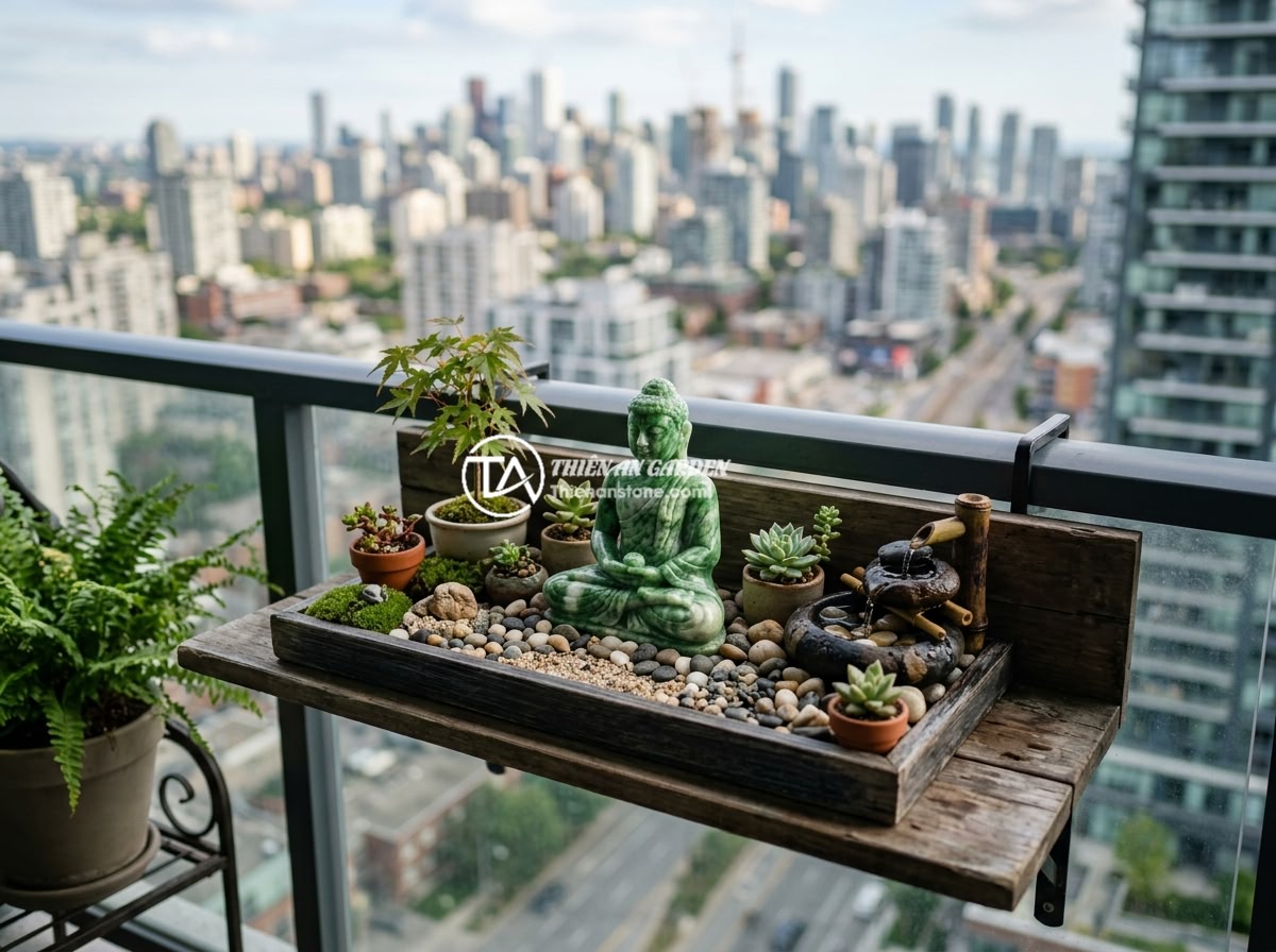 10 Ý Tưởng Thiết Kế Tiểu Cảnh Tượng Phật Đẹp Cho Sân Vườn Nhỏ - A compact Buddha statue miniature garden arranged on an apartment balcony, with 