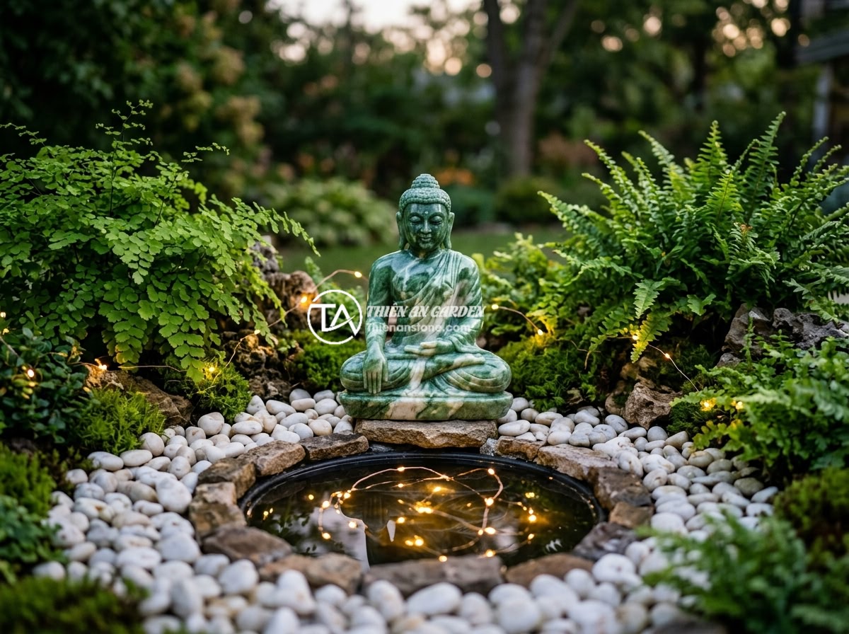 10 Ý Tưởng Thiết Kế Tiểu Cảnh Tượng Phật Đẹp Cho Sân Vườn Nhỏ - A beautiful miniature Buddha statue garden with a small round water pond in fron