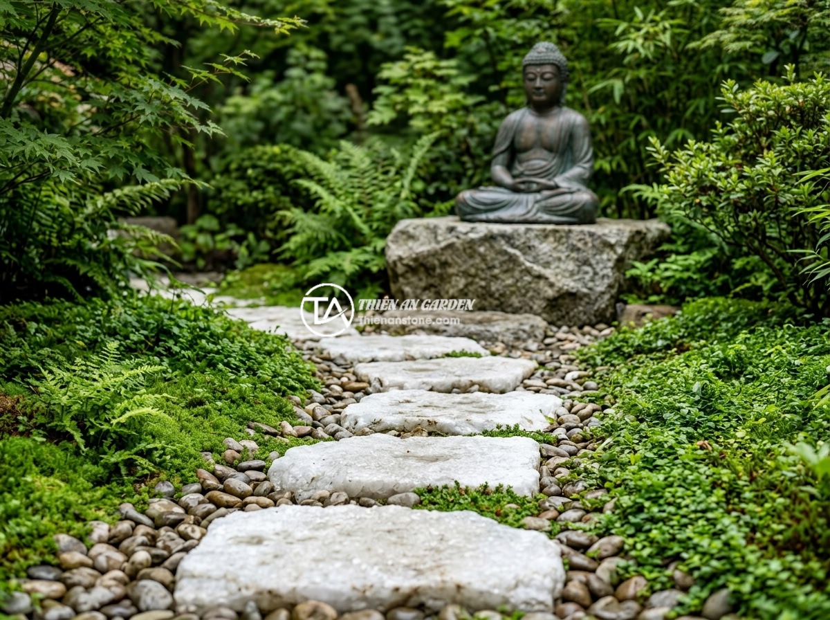 10 Ý Tưởng Thiết Kế Tiểu Cảnh Tượng Phật Đẹp Cho Sân Vườn Nhỏ - A stepping stone pathway made of flat natural stones leading to a Buddha statue 