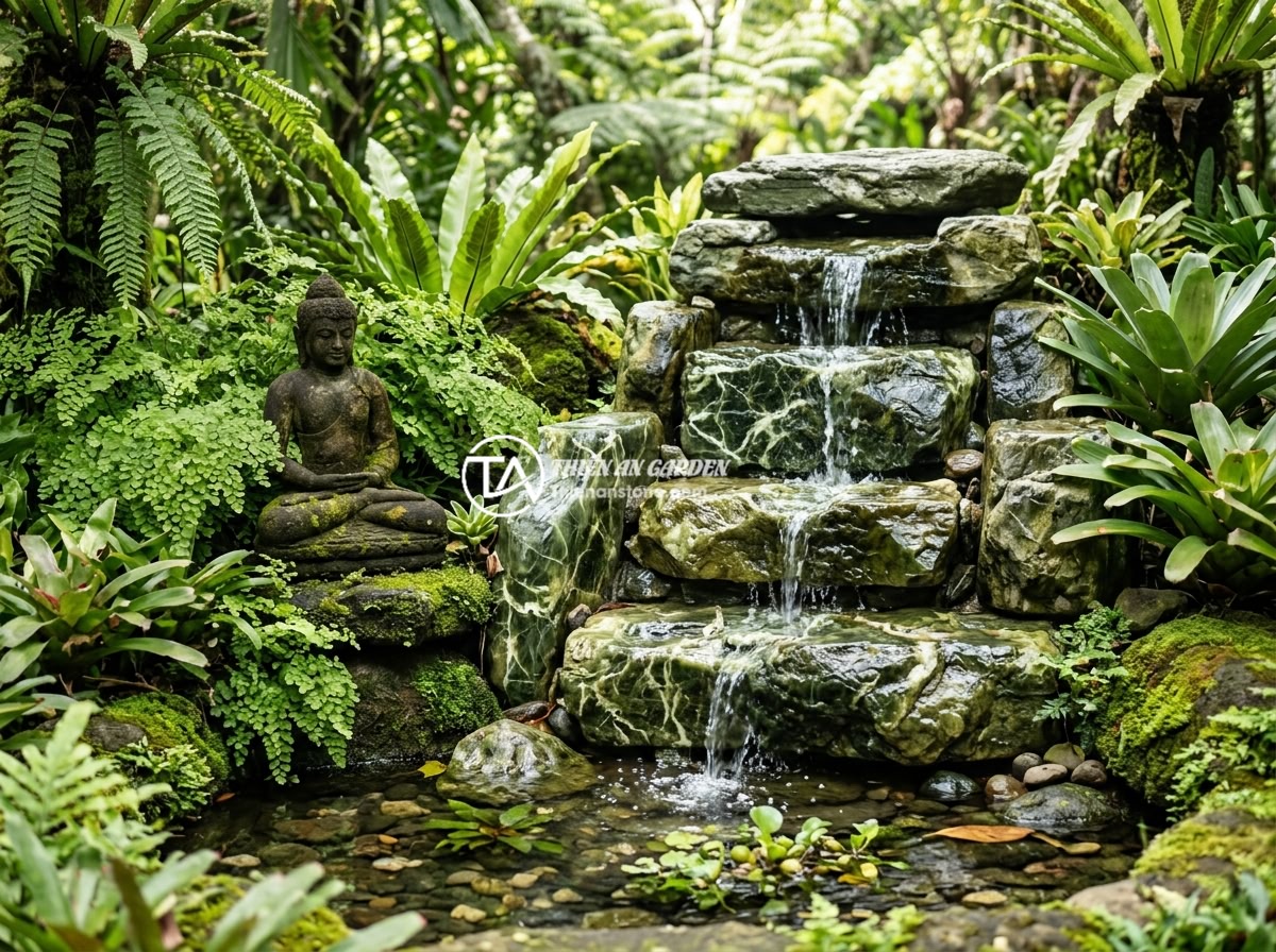 10 Ý Tưởng Thiết Kế Tiểu Cảnh Tượng Phật Đẹp Cho Sân Vườn Nhỏ - A small garden waterfall made of natural stacked stones with water cascading dow