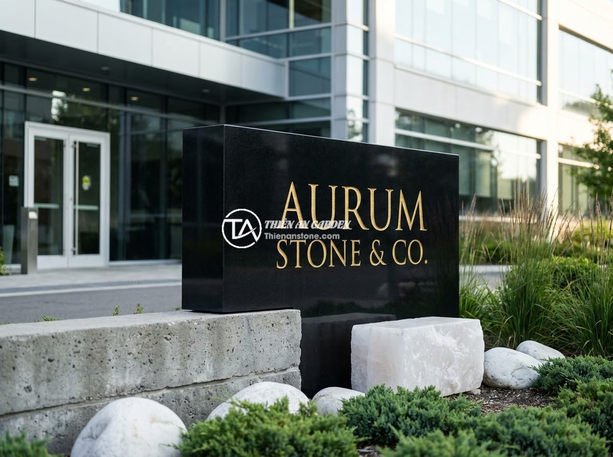 15 ý tưởng bảng hiệu đá độc đáo cho văn phòng, showroom và cửa hàng kinh doanh - A luxurious natural stone business sign made of polished black granite with gold