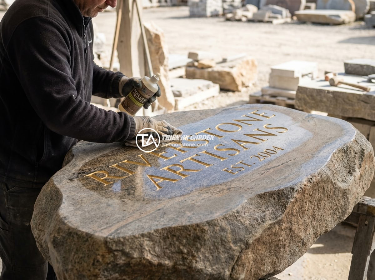15 ý tưởng bảng hiệu đá độc đáo cho văn phòng, showroom và cửa hàng kinh doanh - A professional stone sign maintenance scene showing a worker carefully cleaning 