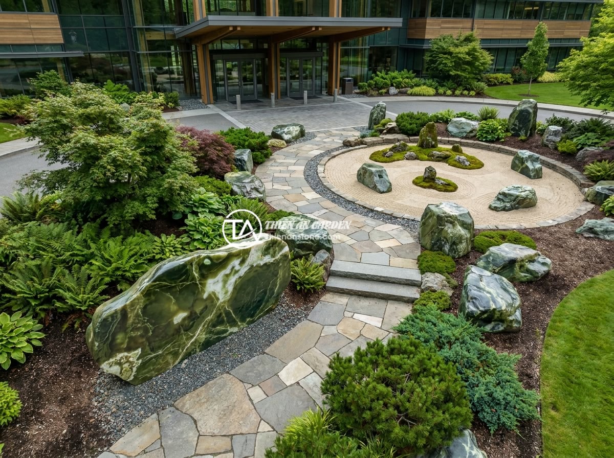 15 ý tưởng bảng hiệu đá độc đáo cho văn phòng, showroom và cửa hàng kinh doanh - An aerial view of a beautifully landscaped corporate entrance featuring multiple