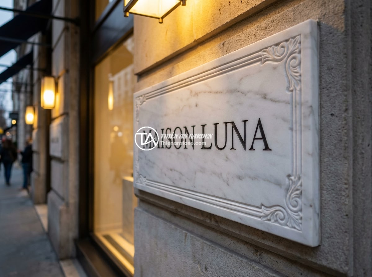 15 ý tưởng bảng hiệu đá độc đáo cho văn phòng, showroom và cửa hàng kinh doanh - An elegant white marble business sign with neoclassical carved border ornaments,