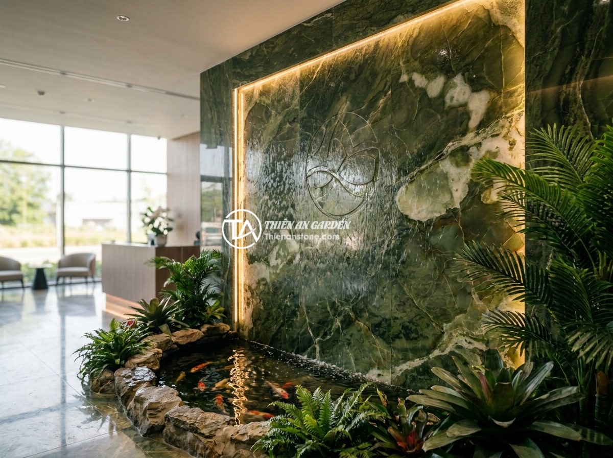 15 ý tưởng bảng hiệu đá độc đáo cho văn phòng, showroom và cửa hàng kinh doanh - A modern showroom with a large polished granite waterfall wall sign at the entra