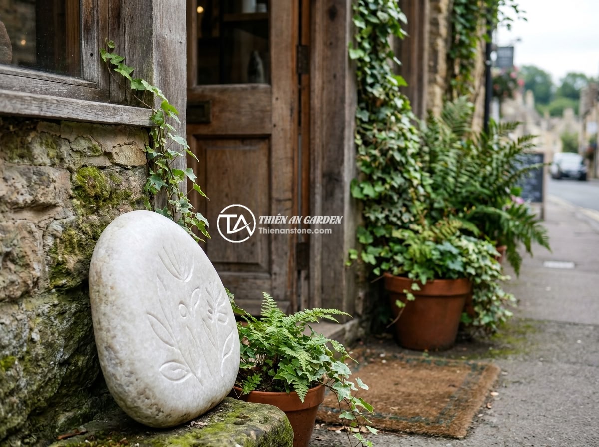 15 ý tưởng bảng hiệu đá độc đáo cho văn phòng, showroom và cửa hàng kinh doanh - A charming small retail shop facade with a hand-engraved river stone sign placed