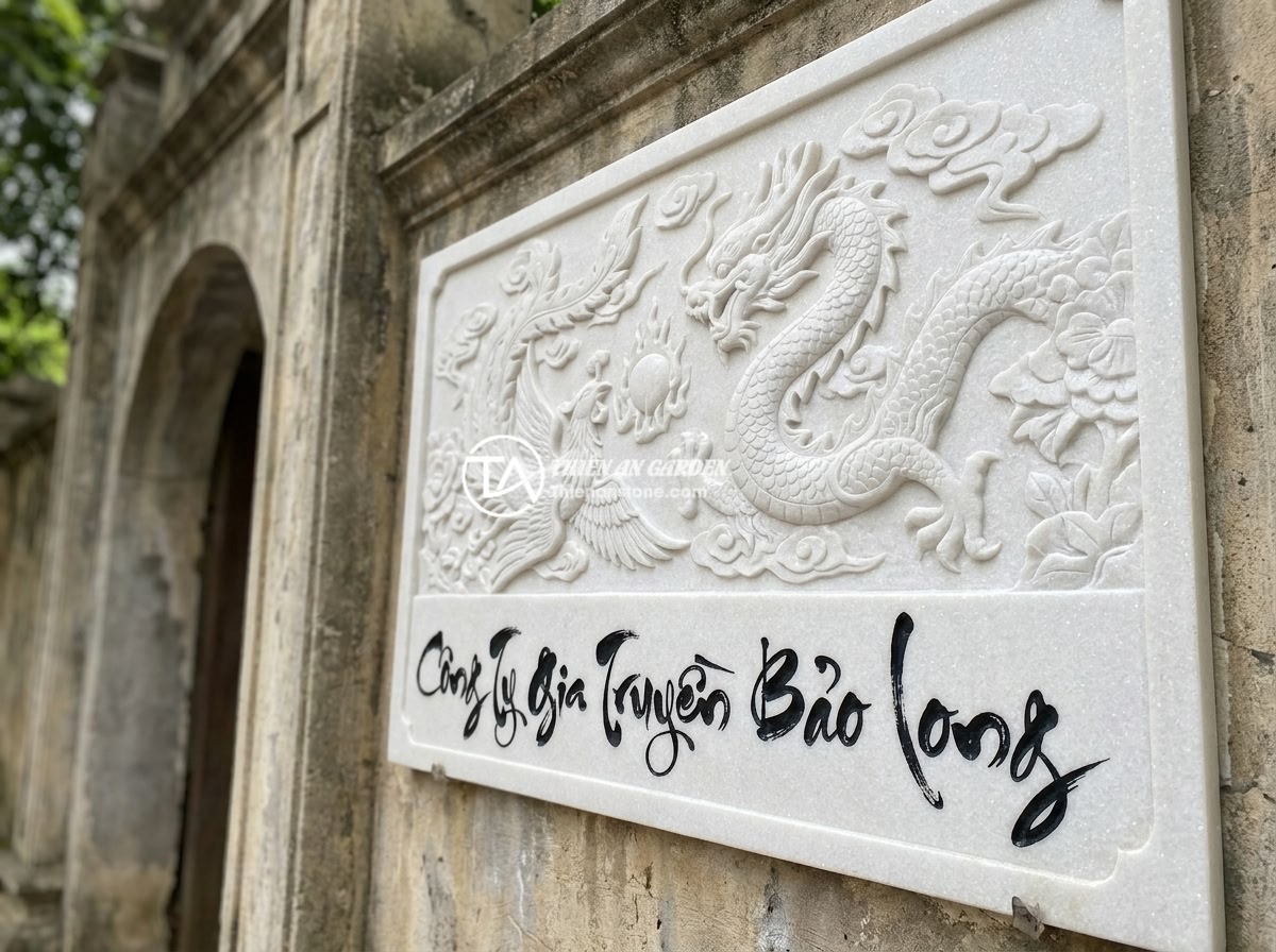 15 ý tưởng bảng hiệu đá độc đáo cho văn phòng, showroom và cửa hàng kinh doanh - A detailed 3D bas-relief sculpted stone business sign for a traditional Vietname