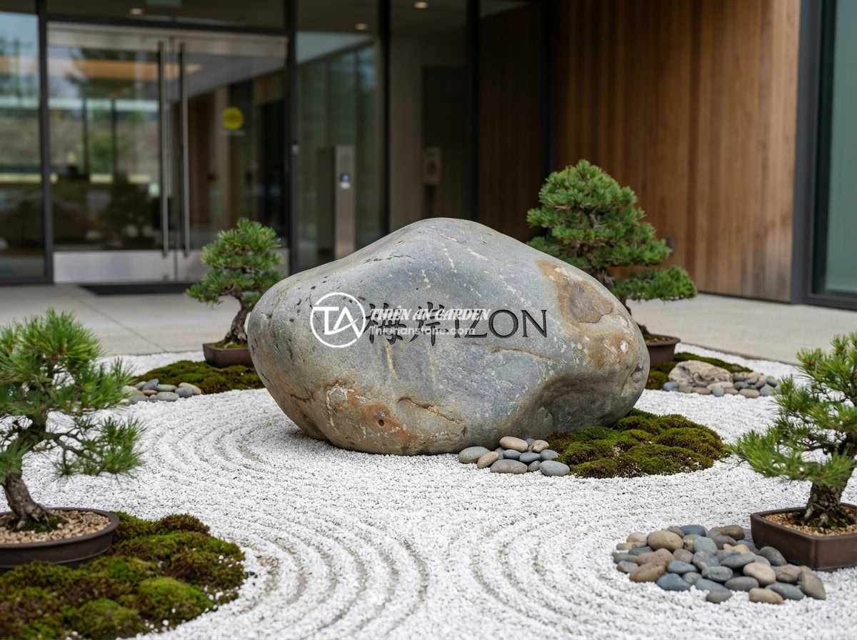 15 ý tưởng bảng hiệu đá độc đáo cho văn phòng, showroom và cửa hàng kinh doanh - A serene Japanese Zen rock garden at the entrance of a modern corporate office, 