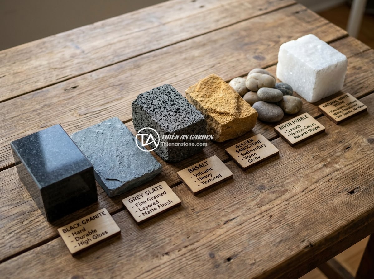 15 ý tưởng bảng hiệu đá độc đáo cho văn phòng, showroom và cửa hàng kinh doanh - A comparison display showing six different types of natural stone samples for bu