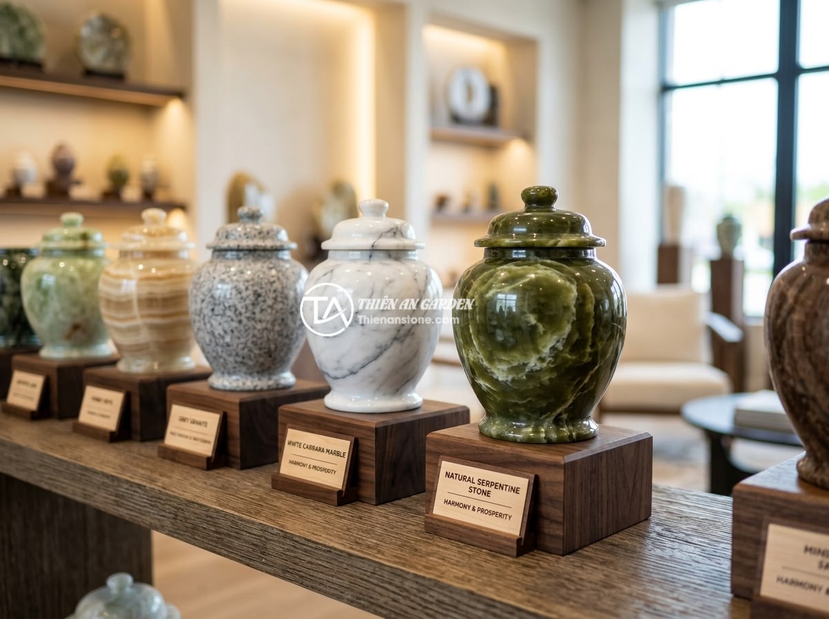 5 mẹo hay đặt chum đá phong thủy tăng cường vượng khí cho gia đình - An elegant showroom display of various types of natural stone feng shui jars inc