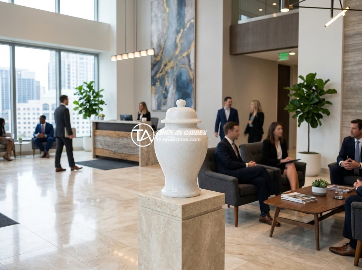 5 mẹo hay đặt chum đá phong thủy tăng cường vượng khí cho gia đình - A professional office lobby with a medium-sized natural stone feng shui jar plac