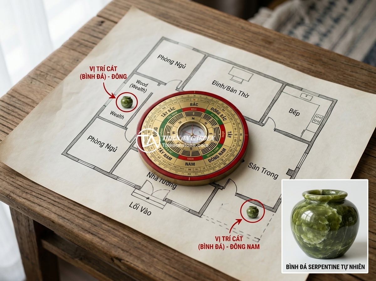 5 mẹo hay đặt chum đá phong thủy tăng cường vượng khí cho gia đình - A compass overlay on a floor plan showing the ideal feng shui directions for pla