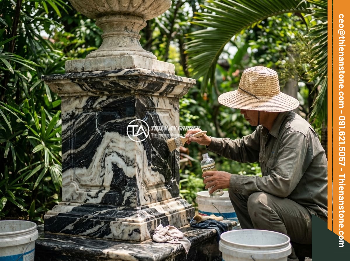 5 sai lầm thường gặp khi mua và đặt đôn đá tự nhiên trong sân vườn - A garden maintenance worker carefully cleaning and applying protective sealant t