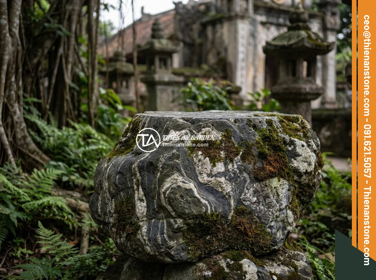 5 sai lầm thường gặp khi mua và đặt đôn đá tự nhiên trong sân vườn - A weathered natural stone pedestal in an ancient Vietnamese temple garden, showi