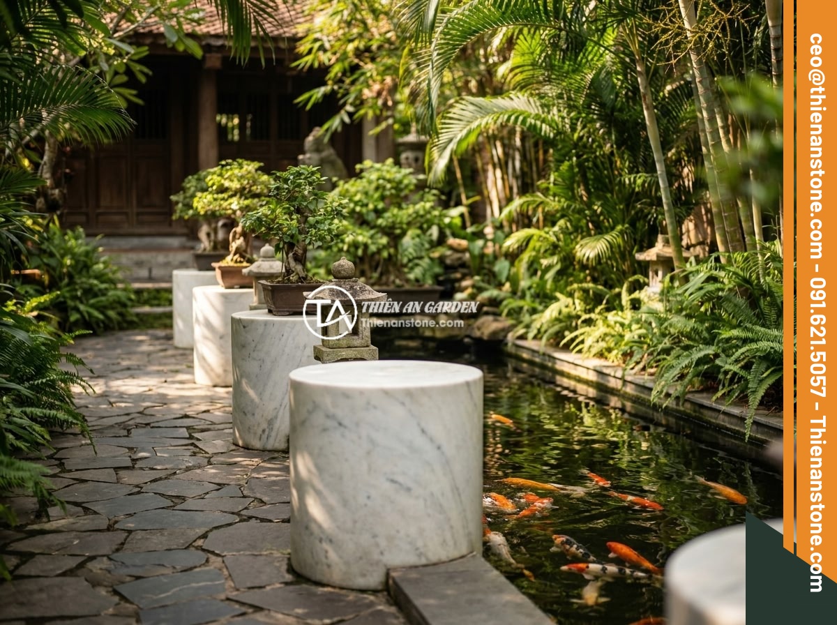 5 sai lầm thường gặp khi mua và đặt đôn đá tự nhiên trong sân vườn - A beautifully arranged Vietnamese garden scene with natural stone pedestals stra