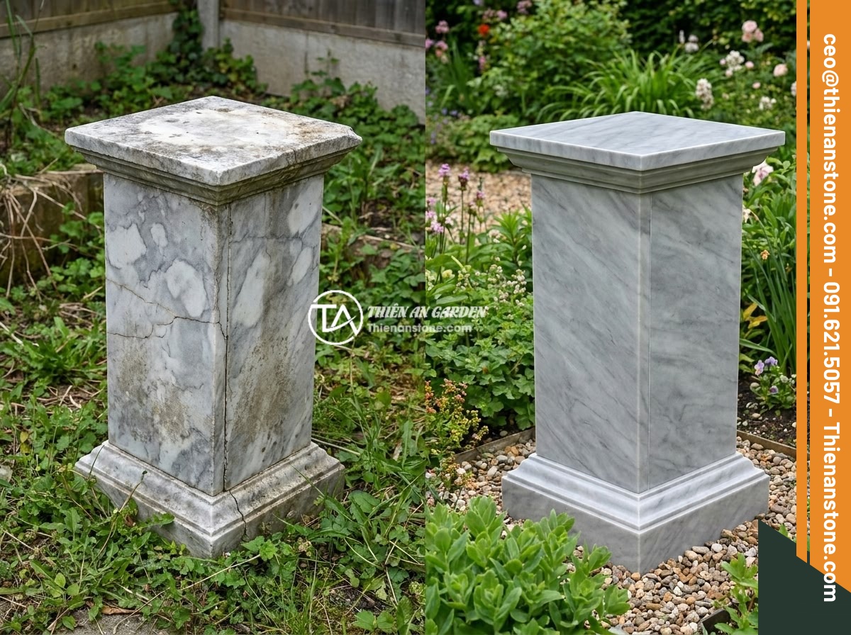 5 sai lầm thường gặp khi mua và đặt đôn đá tự nhiên trong sân vườn - Split comparison image showing a deteriorated poorly-chosen stone pedestal on th