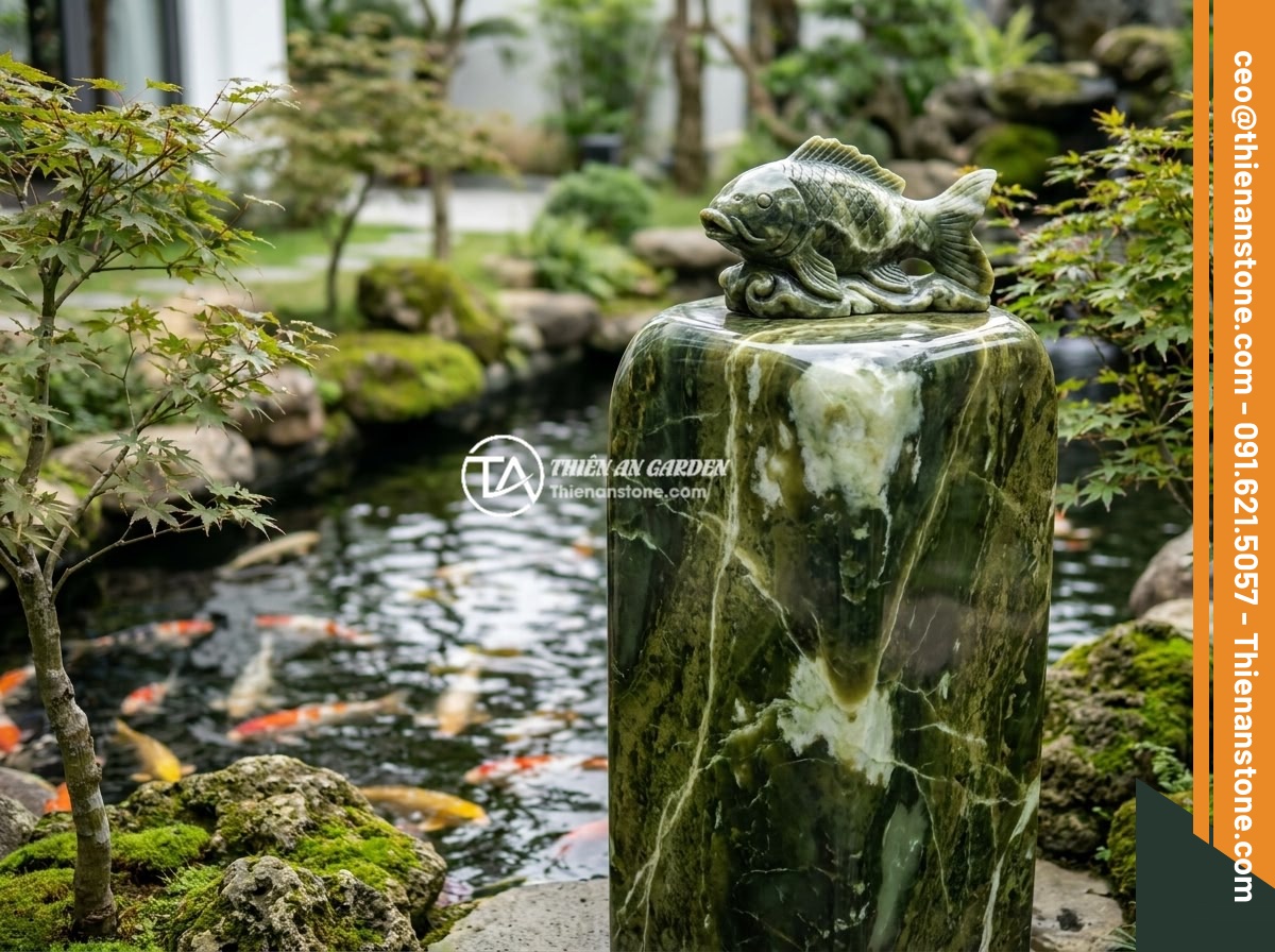 5 sai lầm thường gặp khi mua và đặt đôn đá tự nhiên trong sân vườn - An elegant natural stone pedestal placed beside a Japanese-style Koi fish pond i