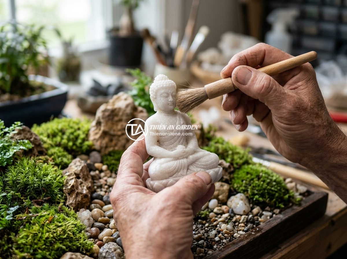 5 Tips Chọn Kích Thước Tượng Phật Mini Trang Trí Tiểu Cảnh Chuẩn Phong Thủy - Close-up of hands carefully cleaning a small natural stone Buddha statue with a 
