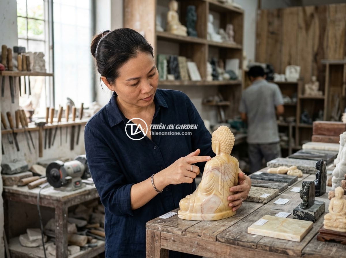 5 Tips Chọn Kích Thước Tượng Phật Mini Trang Trí Tiểu Cảnh Chuẩn Phong Thủy - A customer examining a mini stone Buddha statue at a natural stone workshop show