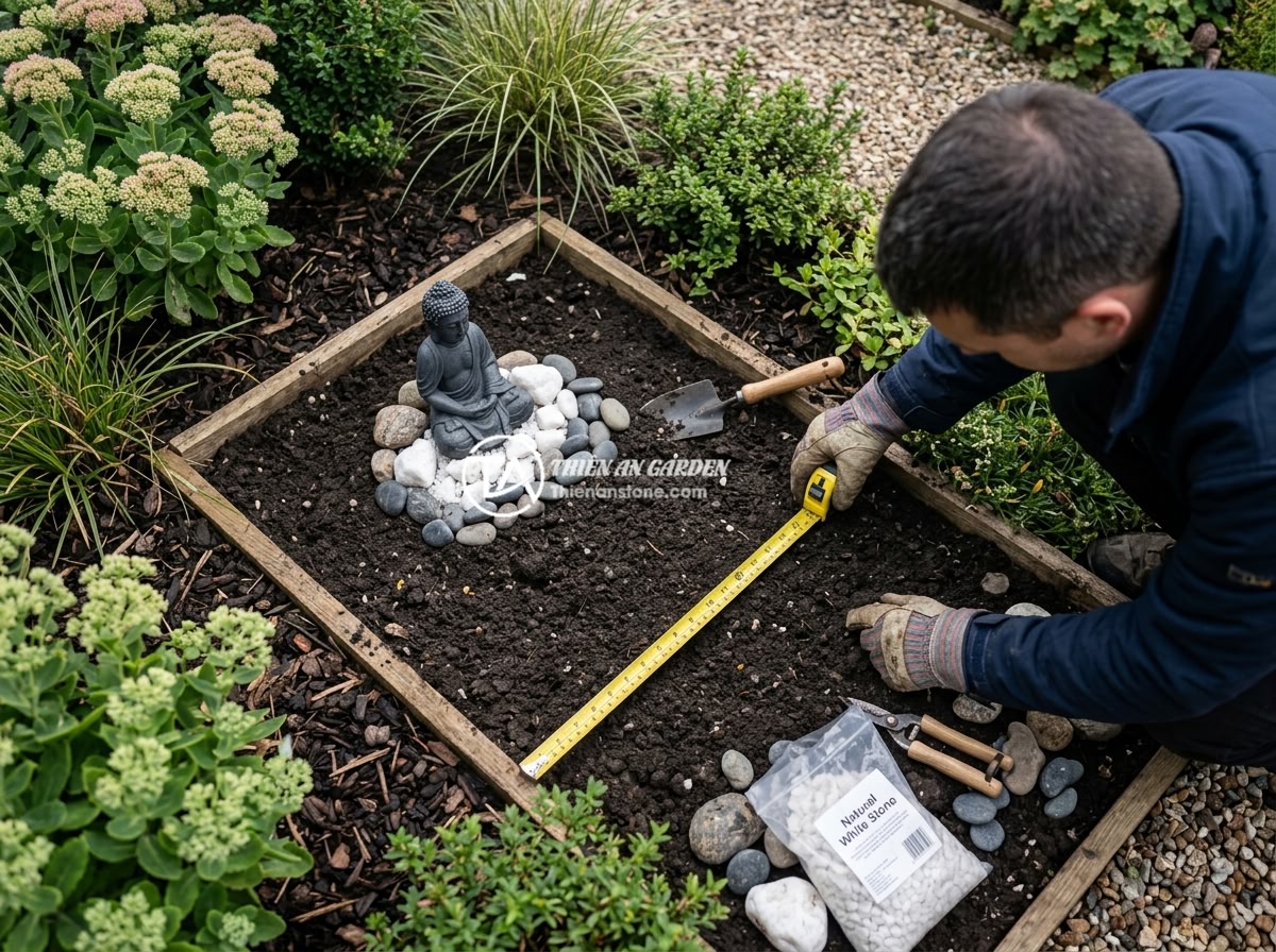 5 Tips Chọn Kích Thước Tượng Phật Mini Trang Trí Tiểu Cảnh Chuẩn Phong Thủy - A person measuring a small garden area with a tape measure, preparing to install