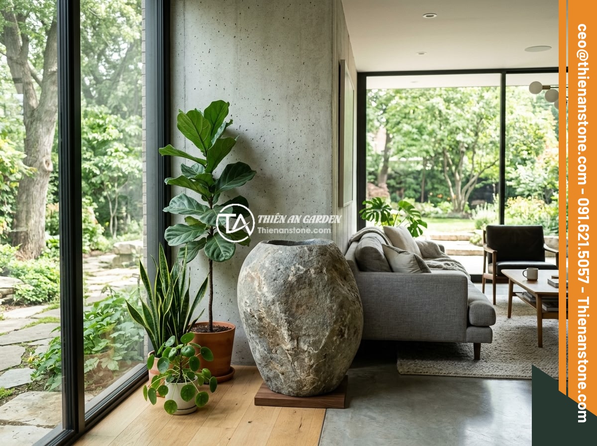 5 ý tưởng thiết kế sáng tạo với chum đá phong thủy cho không gian sống hiện đại - A luxurious modern living space featuring a large natural stone feng shui urn pl