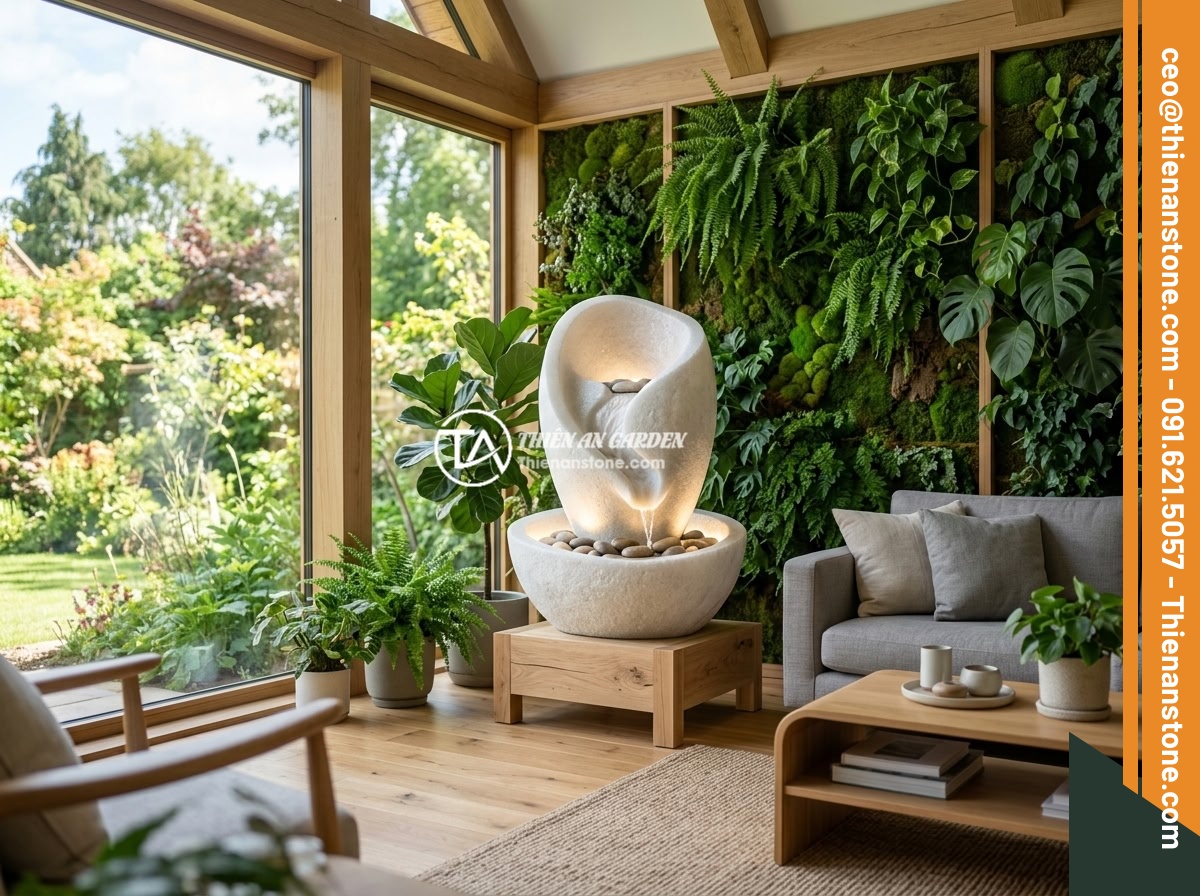 5 ý tưởng thiết kế sáng tạo với chum đá phong thủy cho không gian sống hiện đại - A futuristic modern interior featuring a sleek natural stone feng shui urn with 