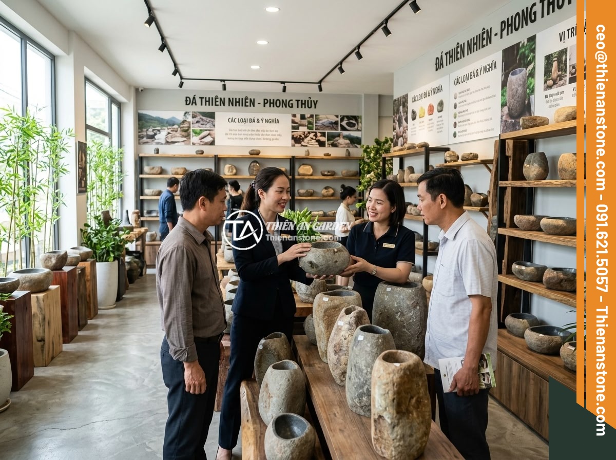 5 ý tưởng thiết kế sáng tạo với chum đá phong thủy cho không gian sống hiện đại - A professional showroom of Da Canh Thien An displaying various natural stone fen